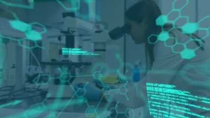 Wall Mural - Animation of scientific data processing over asian female scientist in laboratory