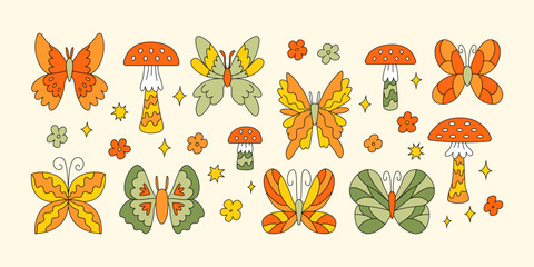 Set of retro groovy butterflies and mushrooms. Vector illustrtion in hippie, 1970 style