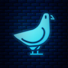 Wall Mural - Glowing neon Dove icon isolated on brick wall background. Vector