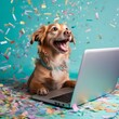 Excited happy dog with laptop and colorful confetti popper falling on pastel turquoise background
