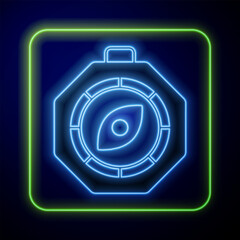 Sticker - Glowing neon Compass icon isolated on blue background. Windrose navigation symbol. Wind rose sign. Vector