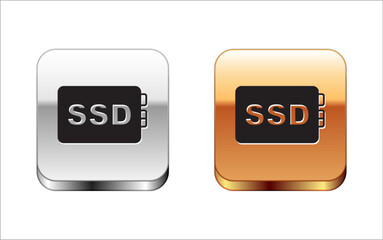 Poster - Black SSD card icon isolated on white background. Solid state drive sign. Storage disk symbol. Silver and gold square buttons. Vector