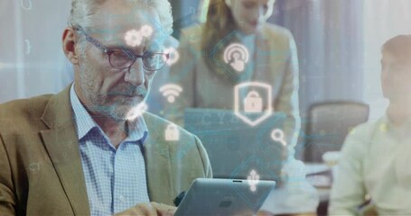 Poster - Animation of padlock, digital icon and data processing over caucasian businessman using tablet