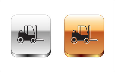 Poster - Black Forklift truck icon isolated on white background. Fork loader and cardboard box. Cargo delivery, shipping, transportation. Silver and gold square buttons. Vector