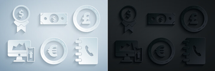 Sticker - Set Coin money with euro symbol, pound sterling, Financial chart or graph the computer monitor and mobile phone, Address book, Stacks paper cash and Reward for good work icon. Vector