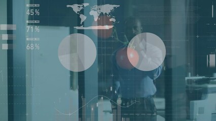 Poster - Animation of statistical data processing over thoughtful african american businessman at office