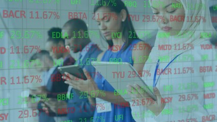 Poster - Animation of stock market data processing over diverse businesspeople using electronic devices