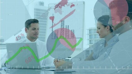 Poster - Animation of statistical data processing over diverse businesspeople discussing together at office