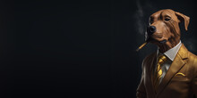 Cool Looking Big Dog In Stylish Trendy Suit With A Tie Smokes Cigar On Black Background. An Animal In Clothes Looks Like Boss. Man With Animal Head Art Design. Dark Banner With Space. Generative AI