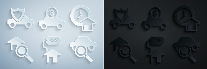 Sticker - Set House with dollar, Time is money, Search house, Car sharing, rental and shield icon. Vector