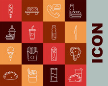 Set Line Paper Glass And Taco With Tortilla, Sandwich, Knife, Food Ordering, Drinking Straw Water, Burger, Ice Cream And Bottle Of Icon. Vector