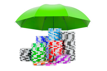 Wall Mural - Casino tokens under umbrella, 3D rendering