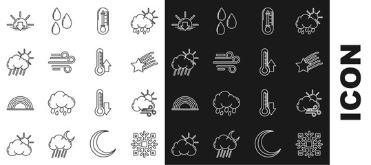 Sticker - Set line Snowflake, Windy weather, Falling star, Thermometer, Cloud with rain and sun, Sunset and icon. Vector