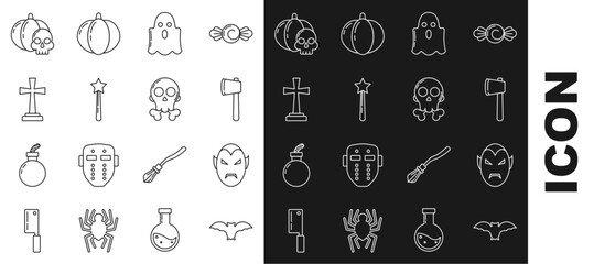 Canvas Print - Set line Flying bat, Vampire, Wooden axe, Ghost, Magic wand, Tombstone with cross, Pumpkin skull and Skull crossbones icon. Vector