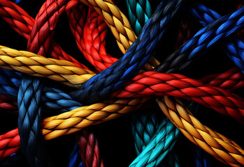 Wall Mural - A tangled pile of coloured rope. Confusion and thought process concept