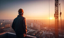 Builder Wearing Hard Hat Stands At The Top Of The Building At Sunset. Man Looking Down At The Construction Site. Crane At Backdrop. Generative AI.