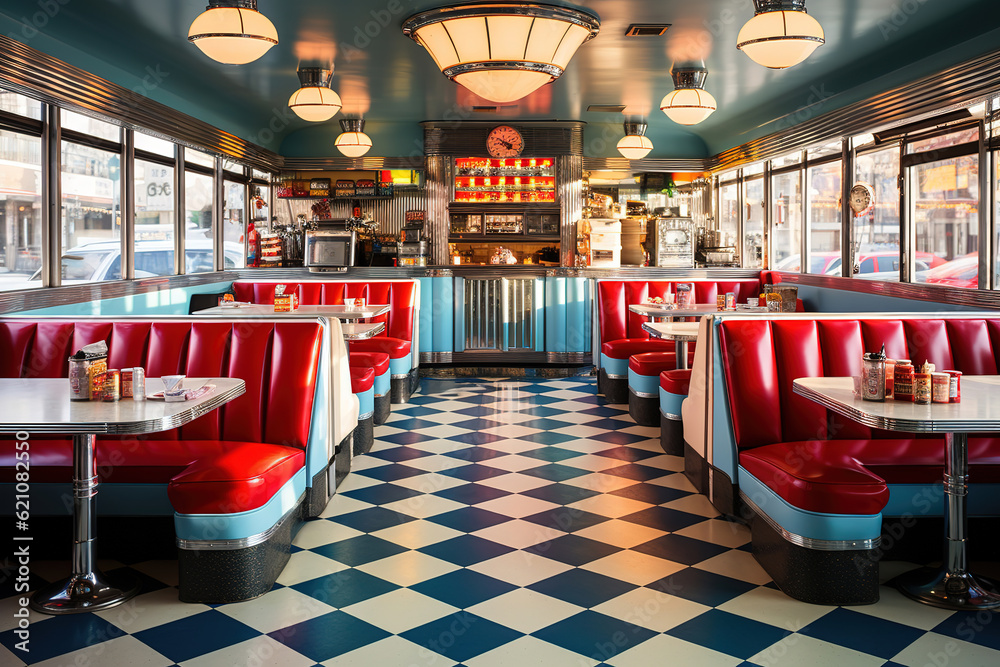 A retro diner interior with colorful booths, checkered floors ...