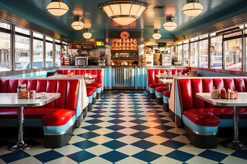 A retro diner interior with colorful booths, checkered floors, generative ai 