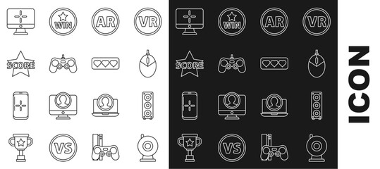 Sticker - Set line Web camera, Stereo speaker, Computer mouse gaming, Ar, augmented reality, Gamepad, Star, monitor and Like and heart icon. Vector