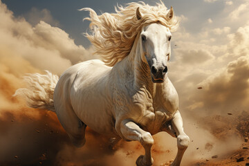  Featuring a flying horse with a golden mane, representing a fantasy concept. Presented in an illustration painting style. Generative Ai.