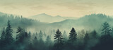 Fototapeta  - Misty landscape with fir forest in hipster vintage retro style