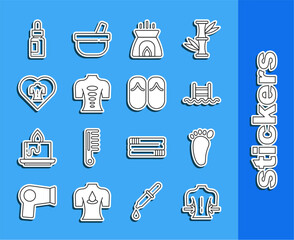 Wall Mural - Set line Massage, Foot massage, Swimming pool with ladder, Aroma candle, stone therapy, Essential oil bottle and Flip flops icon. Vector