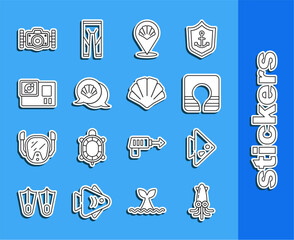 Wall Mural - Set line Octopus, Fish, Life jacket, Scallop sea shell, Action camera, Photo and icon. Vector