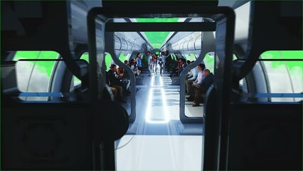 Canvas Print - 3d people and robots. flying passenger train. utopia. concept of the future.green screen. realistic 