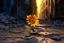 Sunflower Grows Through A Crack In The Sidewalk, Apocalyptic City. Created With Generative Ai Technology.