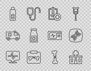 Poster - Set line Heart rate, Hospital building, Patient record, X-ray shots with broken bone, Digital thermometer, Medicine bottle and pills, Human and DNA symbol icon. Vector