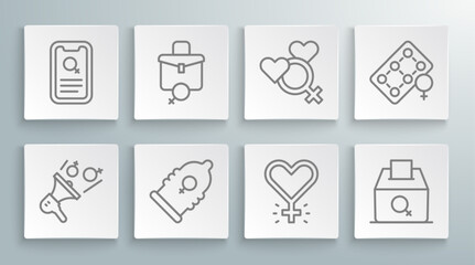 Sticker - Set line Feminist activist, Work for female, Condom, Feminism, Female vote right, gender, Packaging of birth control pills and Dating app icon. Vector