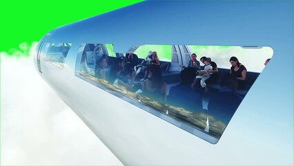 Canvas Print - 3d people and robots. flying passenger train. utopia. concept of the future.green screen. realistic 