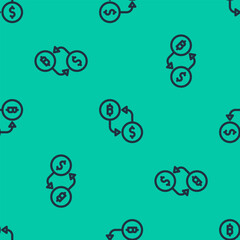 Poster - Blue line Cryptocurrency exchange icon isolated seamless pattern on green background. Bitcoin to dollar exchange icon. Cryptocurrency technology, mobile banking. Vector