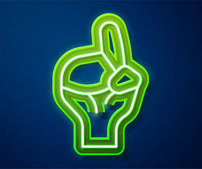 Poster - Glowing neon line Hands in praying position icon isolated on blue background. Praying hand islam muslim religion spirituality religious. Vector