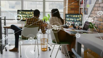 Poster - Animation of network of connections with icons over diverse business people in office
