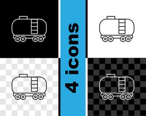 Poster - Set line Oil railway cistern icon isolated on black and white, transparent background. Train oil tank on railway car. Rail freight. Oil industry. Vector