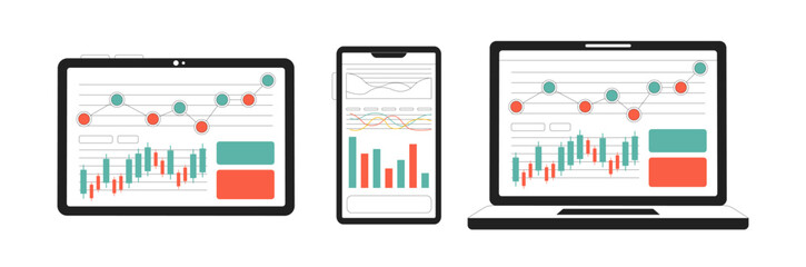 Fototapete - Devices with diagrams and charts monochrome flat vector object. Business statistics. Editable black and white thin line icon. Simple cartoon clip art spot illustration for web graphic design