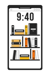 Poster - Smartphone screen with books wallpaper flat line color isolated vector object. Editable clip art image on white background. Simple outline cartoon spot illustration for web design