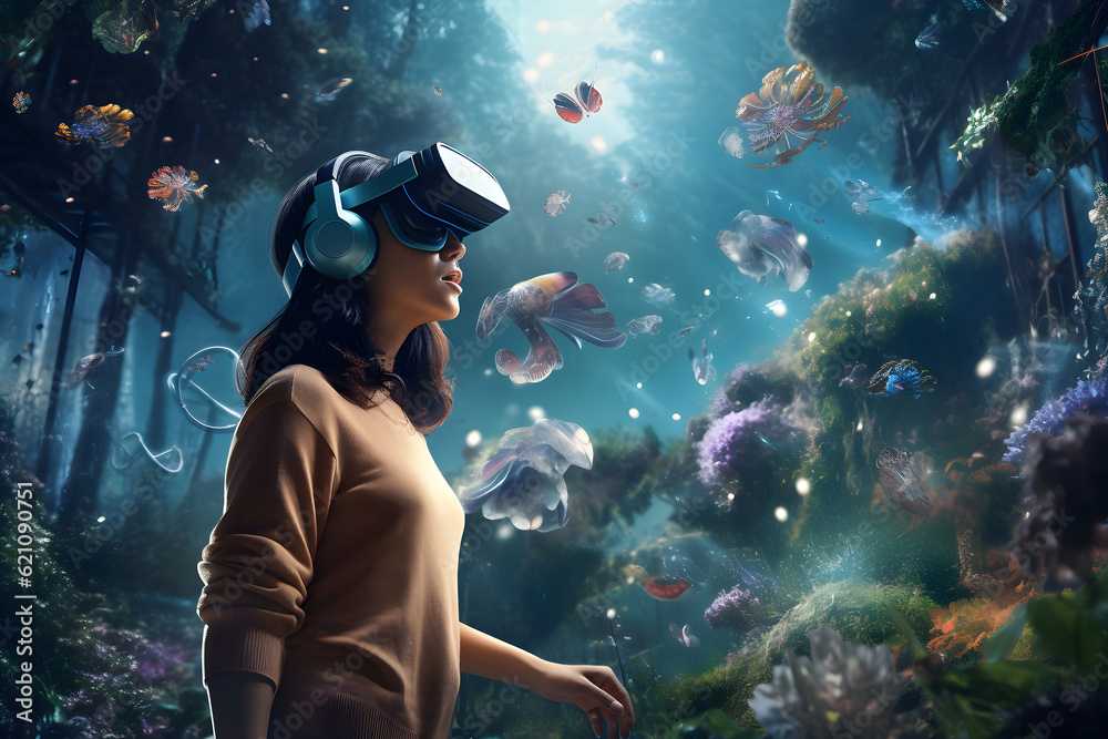 User immersed in augmented reality environment wearing a VR headset ...