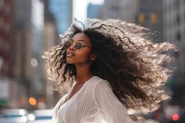 Portrait of afro american woman with sunglasses at summer walking enjoy.