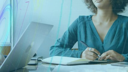Poster - Animation of neon abstract shapes, light trails over african american woman taking notes at office