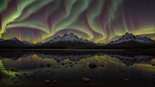 The Most Beautiful Batch Under An Incredible Aurora Borealis Reflecting In The Water As If It Were A Pipe Dream. Creative Resource, AI Generated