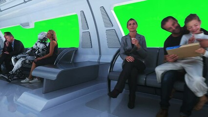 Canvas Print - 3d people and robots. flying passenger train. utopia. concept of the future.green screen. realistic 