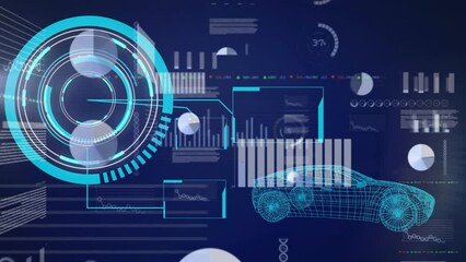 Poster - Animation of neon round scanner over interface with data processing against spinning car model