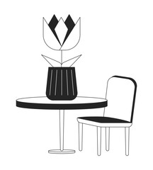 Poster - Decorative table and chair flat monochrome isolated vector object. Beautiful houseplant on board. Editable black and white line art drawing. Simple outline spot illustration for web graphic design