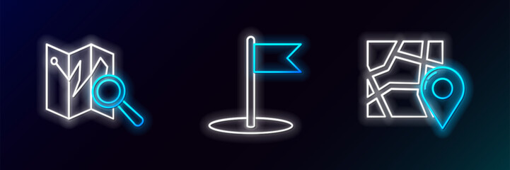 Poster - Set line Folded map with location marker, and Flag icon. Glowing neon. Vector