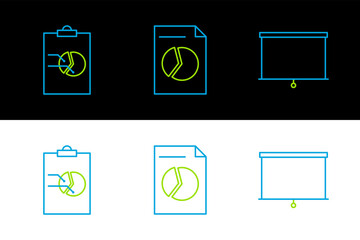 Poster - Set line Chalkboard, Clipboard with graph chart and Document icon. Vector