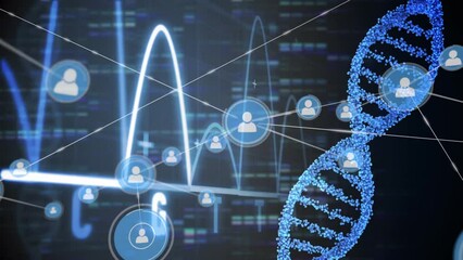 Poster - Animation of network of profile icons, heart rate monitor and dna structure against mosaic squares