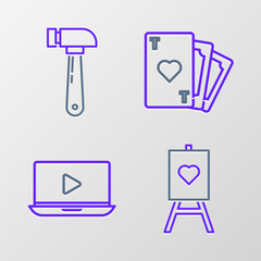 Sticker - Set line Wood easel or painting art boards, Online play video, Playing card with heart symbol and Hammer icon. Vector