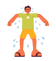 Poster - Sweating outdoors in summertime flat concept vector spot illustration. Sad man with sweaty armpits 2D cartoon character on white for web UI design. Summer heat isolated editable creative hero image